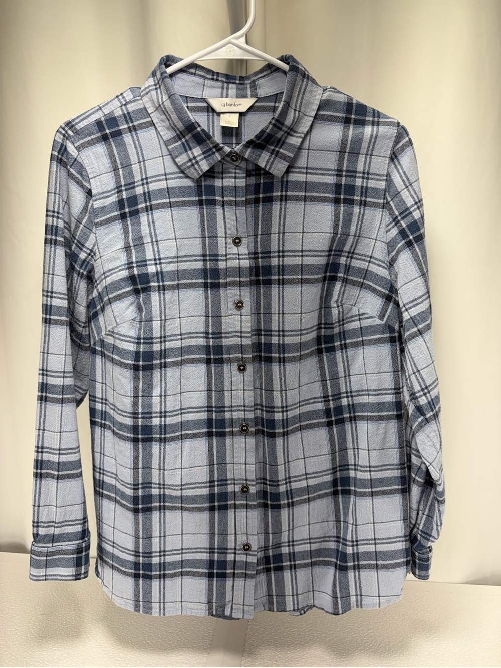 CJ Banks Light Blue & Navy Plaid Button Front Shirt 4582